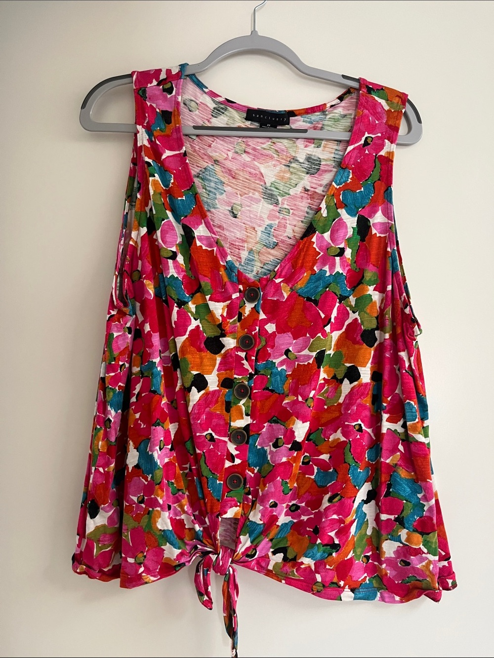 Sanctuary Multicolor Floral Button-Tie Tank Top - Pink, Teal, Orange